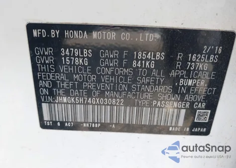 2016 Honda Fit Ex из США, поврежденный, VIN JHMGK5H74GX030822